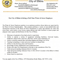 The City of Elkins is hiring a Full Time Water & Sewer Employee 