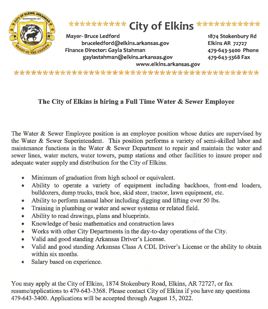 The City of Elkins is hiring a Full Time Water & Sewer Employee 